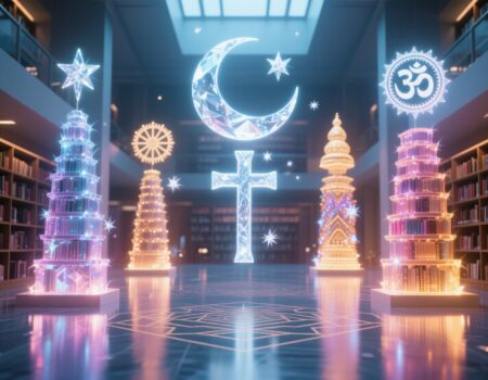 ومن تصنيفات المكتبة (الأديان) .. أو: أسئلة المعنى وخرائط المقدّس! إنها ليست مكتبة تقول «آمِن» .. بل مكتبة تسأل: «كيف بحث الإنسان عن المعنى عبر العصور؟»