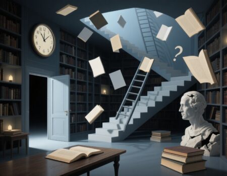 ومن تصنيفات المكتبة (المنطق والفلسفة) .. أو: هندسة السؤال وصدع المعنى! هذه المكتبة لا تقول: «افهم» .. بل تقول: «تساءل .. ثم تأنى»